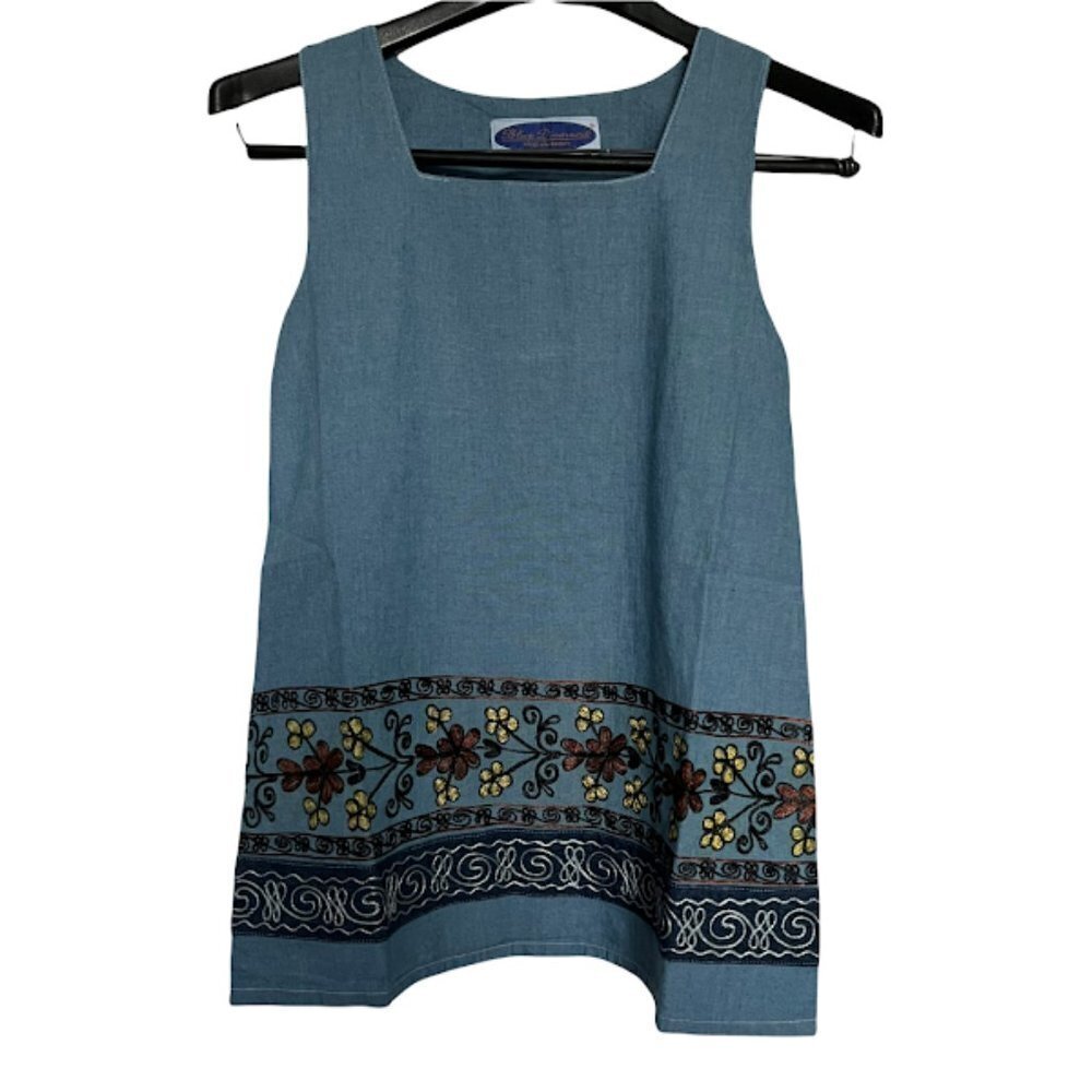 New Blue Diamond Girl's Soft Denim Jumper‎ Dress Size L Embroidered Print Floral